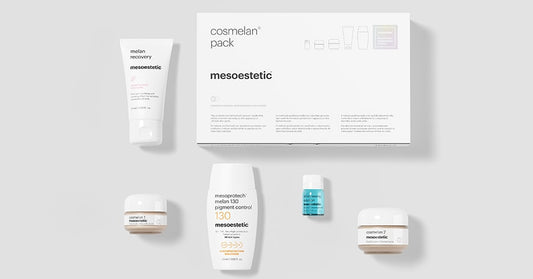 Cosmelan depigmentation cream by Mesoestetic shown in its official packaging, used for treating melasma, dark spots, and hyperpigmentation on all skin types.