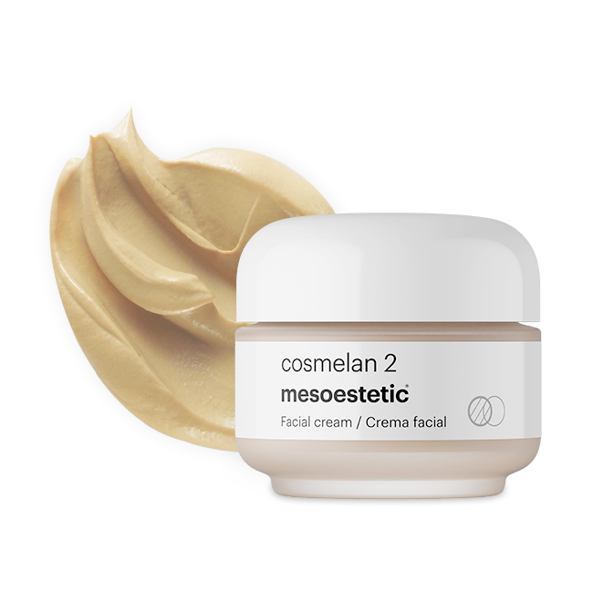 Cosmelan 2 depigmentation cream by Mesoestetic with creamy texture swatch on white background