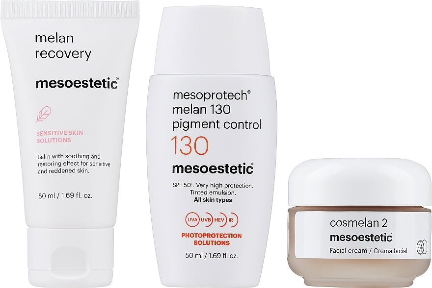 Close-up of Cosmelan 2 cream, Melan Recovery balm, and Melan 130+ pigment control sunscreen