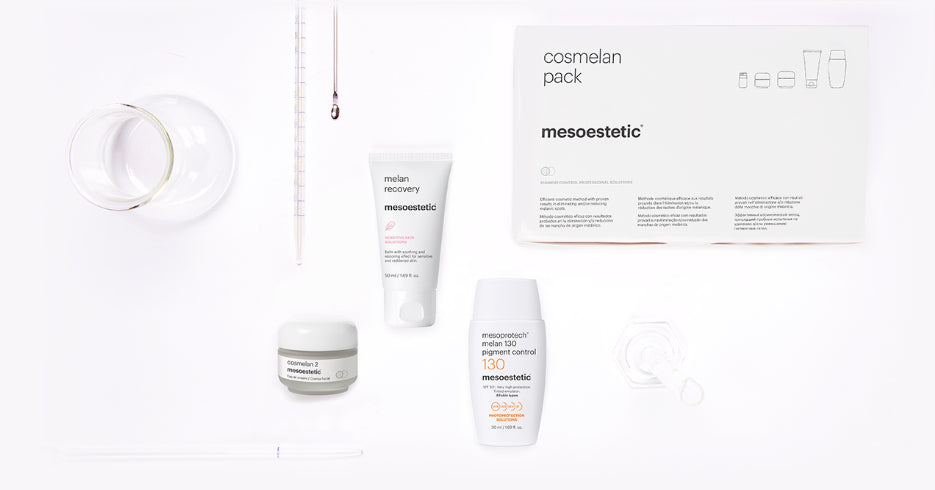 “Cosmelan professional depigmentation kit – includes Cosmelan 1 mask, Cosmelan 2 cream, Melan Recovery, and Melan 130+ sunscreen