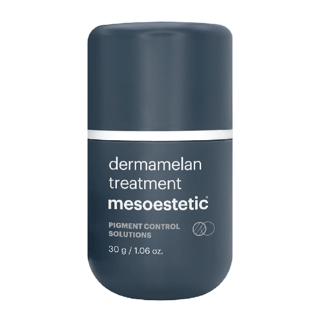 A bottle of Mesoestetic Dermamelan treatment cream designed for pigment control solutions.