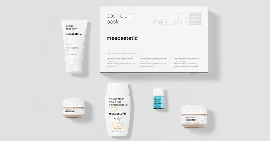 Cosmelan depigmentation cream by Mesoestetic shown in its official packaging, used for treating melasma, dark spots, and hyperpigmentation on all skin types.